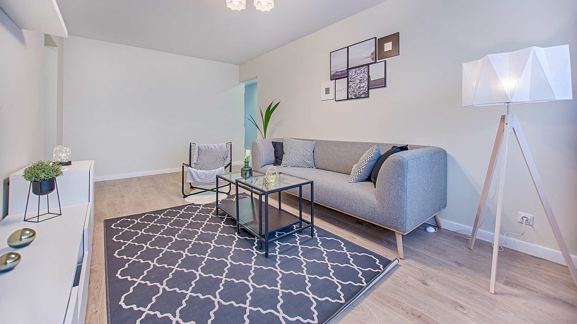 Living room view with sofa and wall paintings
